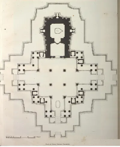 Measured ground plan of the Ramappa (Rudreshvara) temple: a cross-shaped hall with porches and steps on three sides and the shrine and ante-chamber on the fourth, set on its stepped star-shaped platform, with a scale in feet.