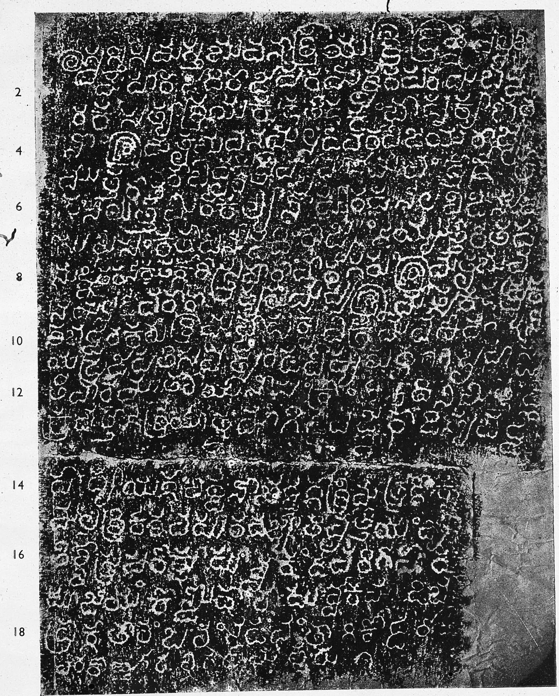Ink impression of an inscribed stone slab, white Kannada letters of the 11th century on a black ground, nineteen lines, with line numbers 2 to 18 in the left margin; the lower right corner of the stone is blank.