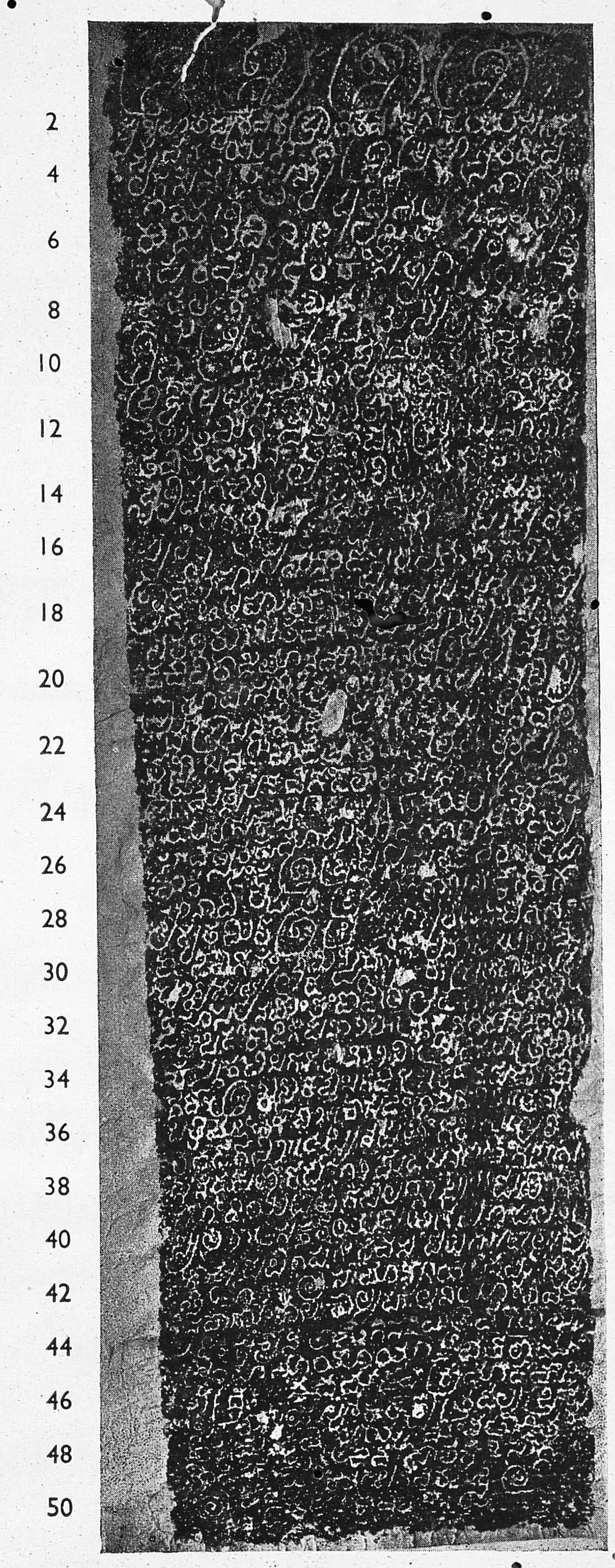 Ink impression of a tall, narrow inscribed slab, worn white Kannada letters on black, fifty lines numbered in the left margin, the top line a row of large ornamental letters.