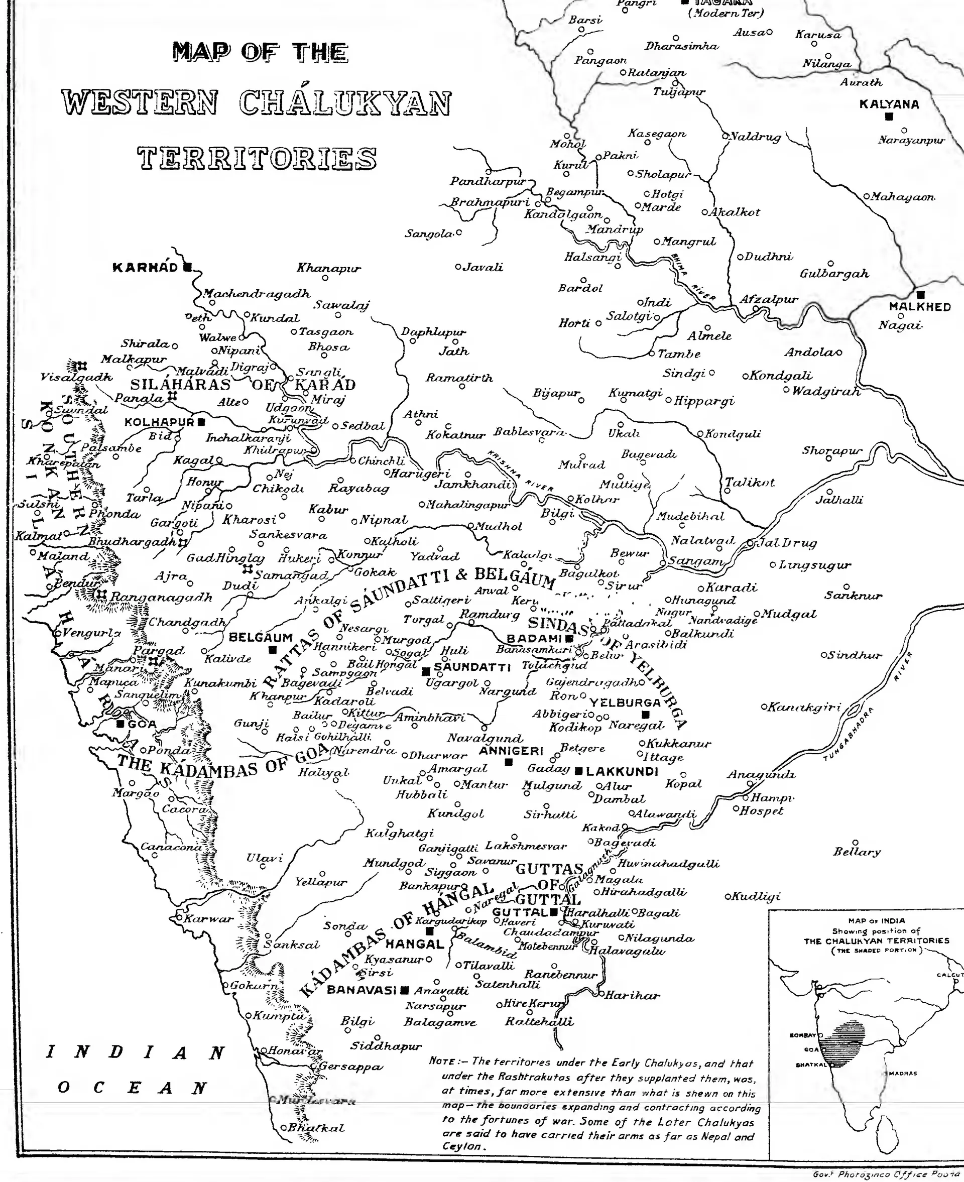 Printed map of the western Deccan, the Arabian Sea on the left: dots and names of towns and temple sites, the territories of feudatory families (Silaharas of Karad, Rattas of Saundatti and Belgaum, Kadambas of Goa and of Hangal, Sindas, Guttas) lettered across them, Kalyana and Malkhed near the top right, and an inset map of India with the Chalukyan territories shaded.