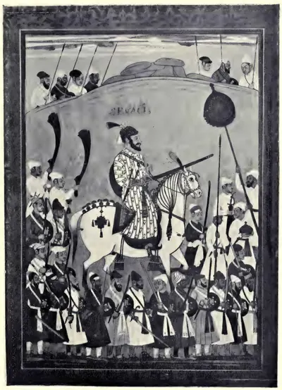Black-and-white reproduction of an Indian painting of a bearded rider on a white horse holding a lance, surrounded by foot soldiers with spears and shields and a rider with a round shield, below a rocky hill.