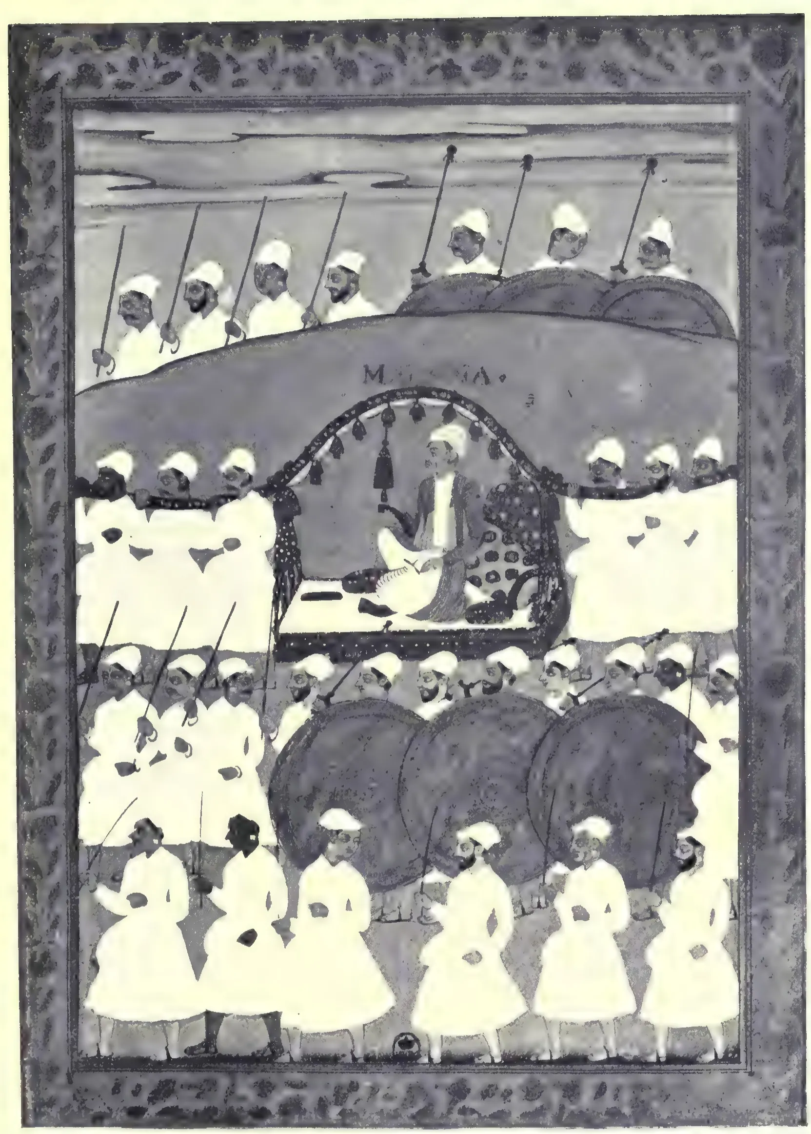 Black-and-white reproduction of an Indian painting of a man seated under a canopy, surrounded by rows of attendants in white with spears, elephants in the middle ground and a hill behind; a Persian label above the canopy.