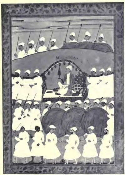 Black-and-white reproduction of an Indian painting of a man seated under a canopy, surrounded by rows of attendants in white with spears, elephants in the middle ground and a hill behind; a Persian label above the canopy.