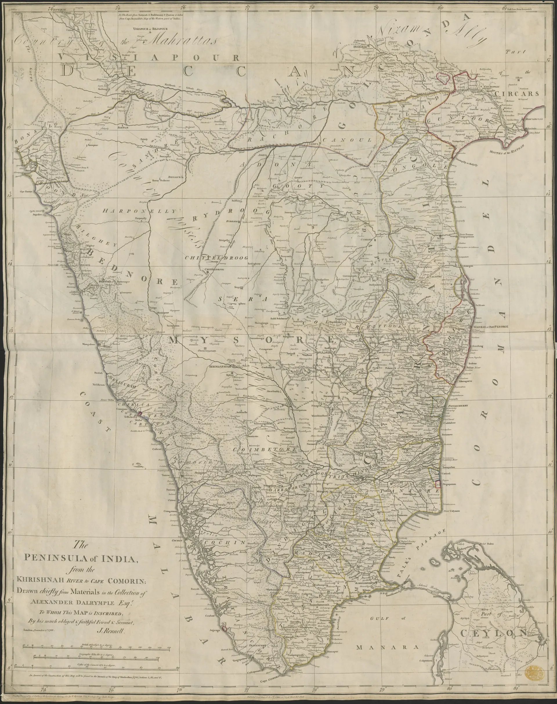 Engraved 18th-century map of southern India from the Krishna to Cape Comorin, with region names such as Mahrattas, Visiapour, Golconda, Mysore and the Circars and a decorative title at lower left.
