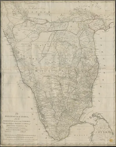 Engraved 18th-century map of southern India from the Krishna to Cape Comorin, with region names such as Mahrattas, Visiapour, Golconda, Mysore and the Circars and a decorative title at lower left.