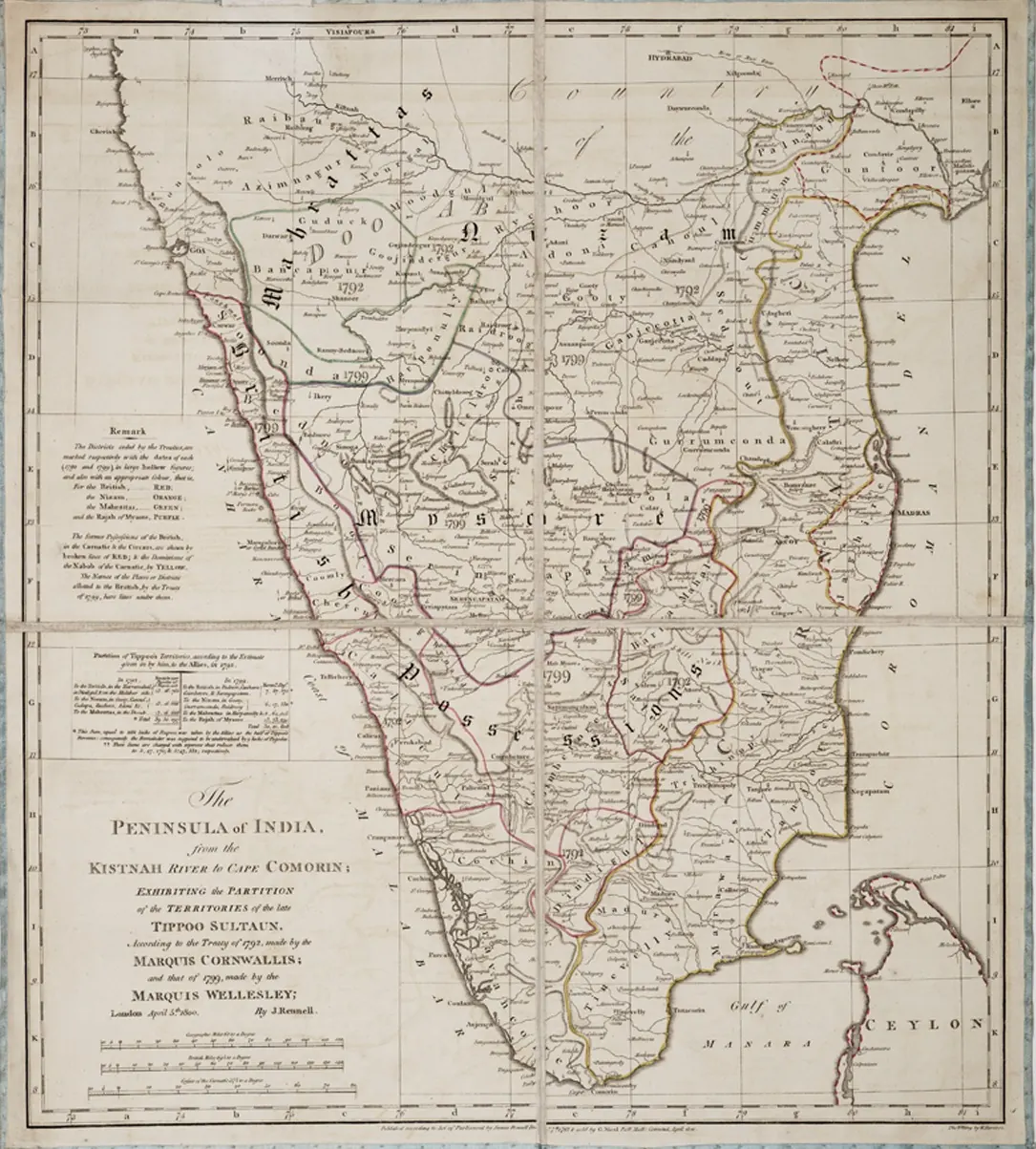 Engraved map of southern India with coloured boundary lines marking the districts ceded to the British, the Nizam, the Marathas and Mysore in 1792 and 1799, with the word Mahrattas across the Doab north of the Tungabhadra.