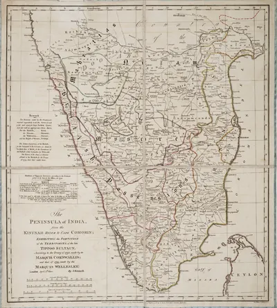 Engraved map of southern India with coloured boundary lines marking the districts ceded to the British, the Nizam, the Marathas and Mysore in 1792 and 1799, with the word Mahrattas across the Doab north of the Tungabhadra.