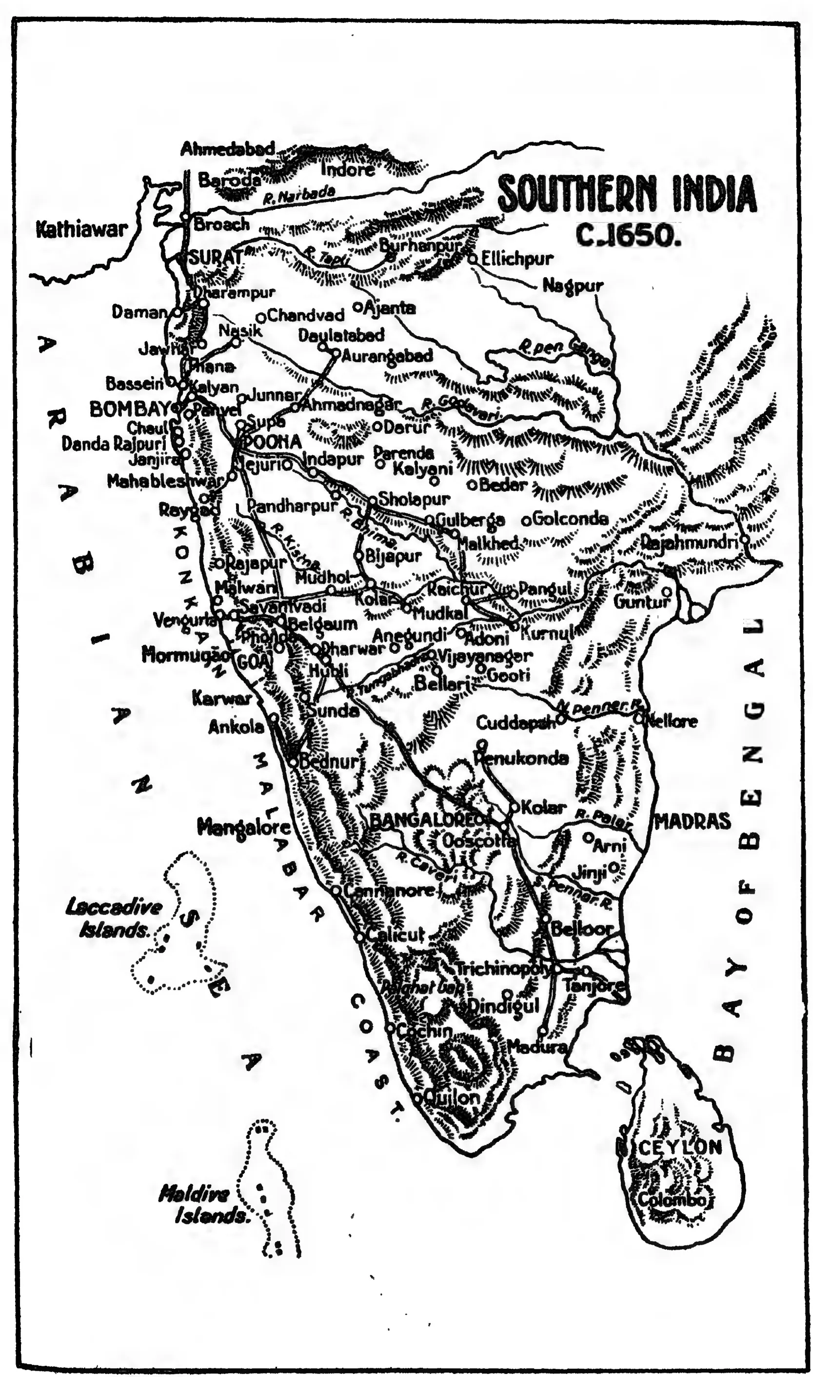 Black-and-white line map of peninsular India and Ceylon with rivers, hills and towns, including Golconda, Kurnul, Adoni, Gooti, Penukonda, Cuddapah, Guntur and Rajahmundri, titled Southern India c. 1650.