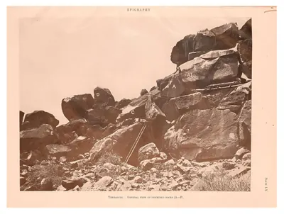 Photograph of a hillside of piled granite boulders, with the letters A to F painted on the inscribed boulders and a long bamboo ladder leaning against one of them.