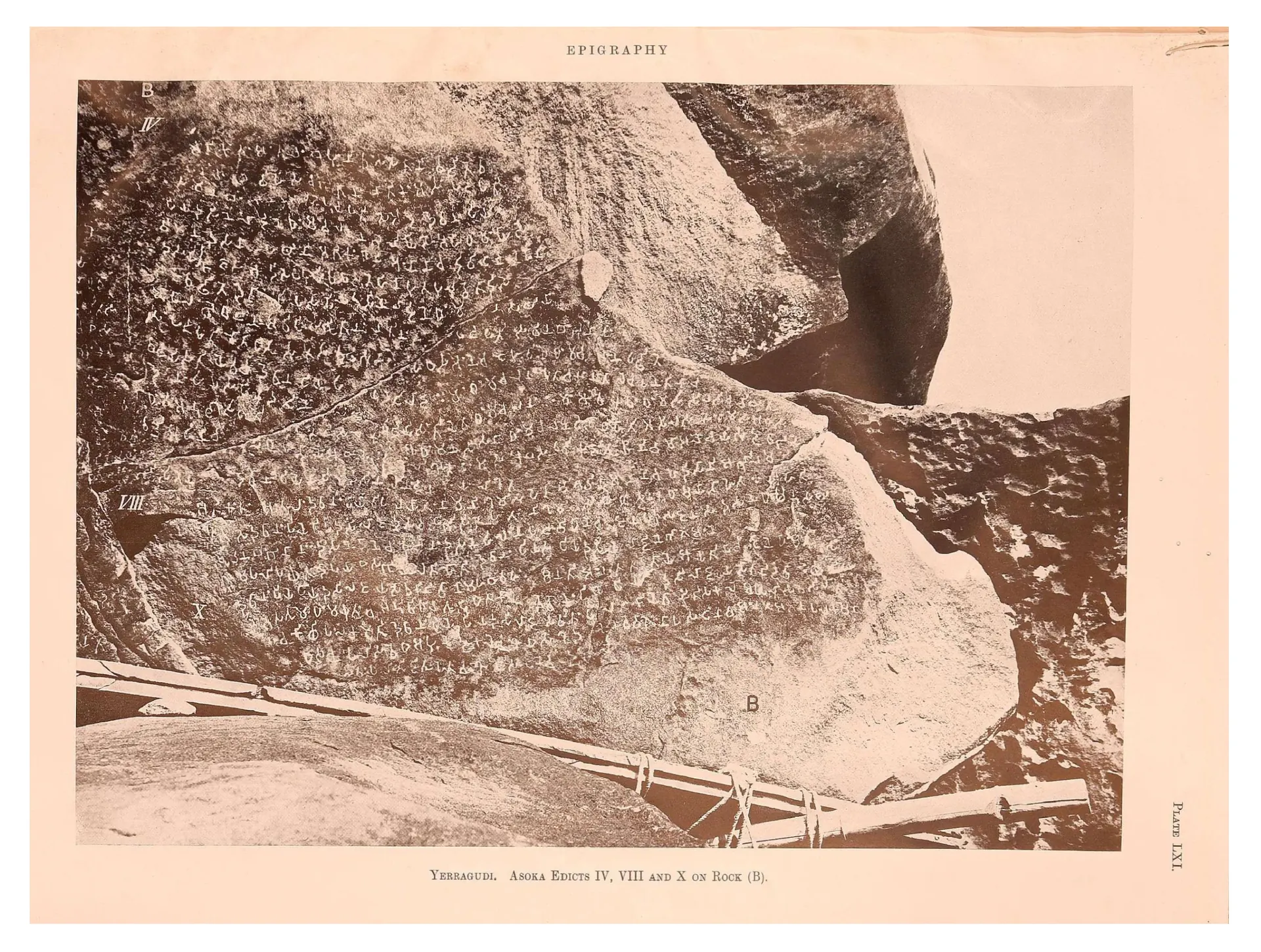 Close photograph of a large weathered boulder face covered with rows of Brahmi letters, marked B, with bamboo poles lashed along its foot.
