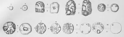 Engraved drawings of ten small coins in two rows, both faces of each; the irregular silver pieces numbered 3 to 6 are crowded with separately punched symbols such as suns, an elephant and a dog-like animal.