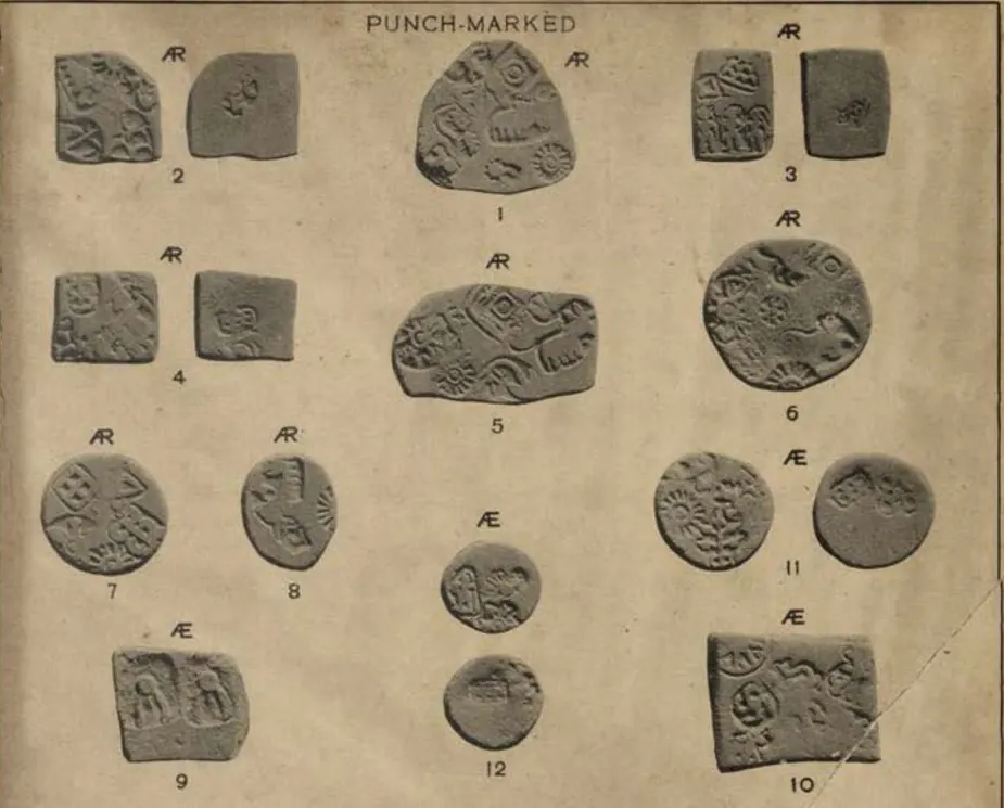 Photographs of twelve punch-marked coins, square, oblong and round, both faces of several, stamped with small symbols such as suns, animals and a tree.