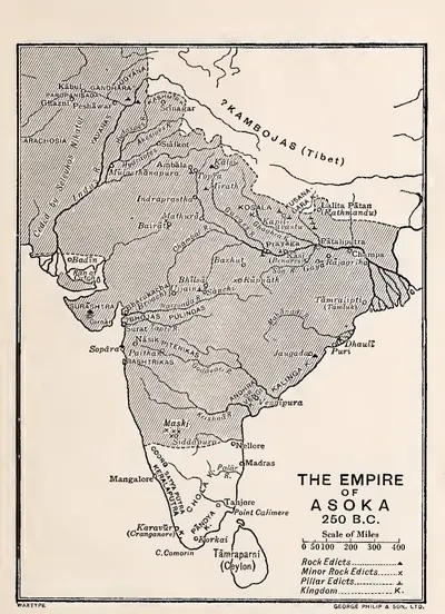 Printed map of the Indian subcontinent with the area of Asoka's empire hatched, its southern edge a dashed line just north of Nellore; Andhra or Vengi and Kalinga are marked as kingdoms, and symbols show rock edicts, minor rock edicts and pillar edicts.
