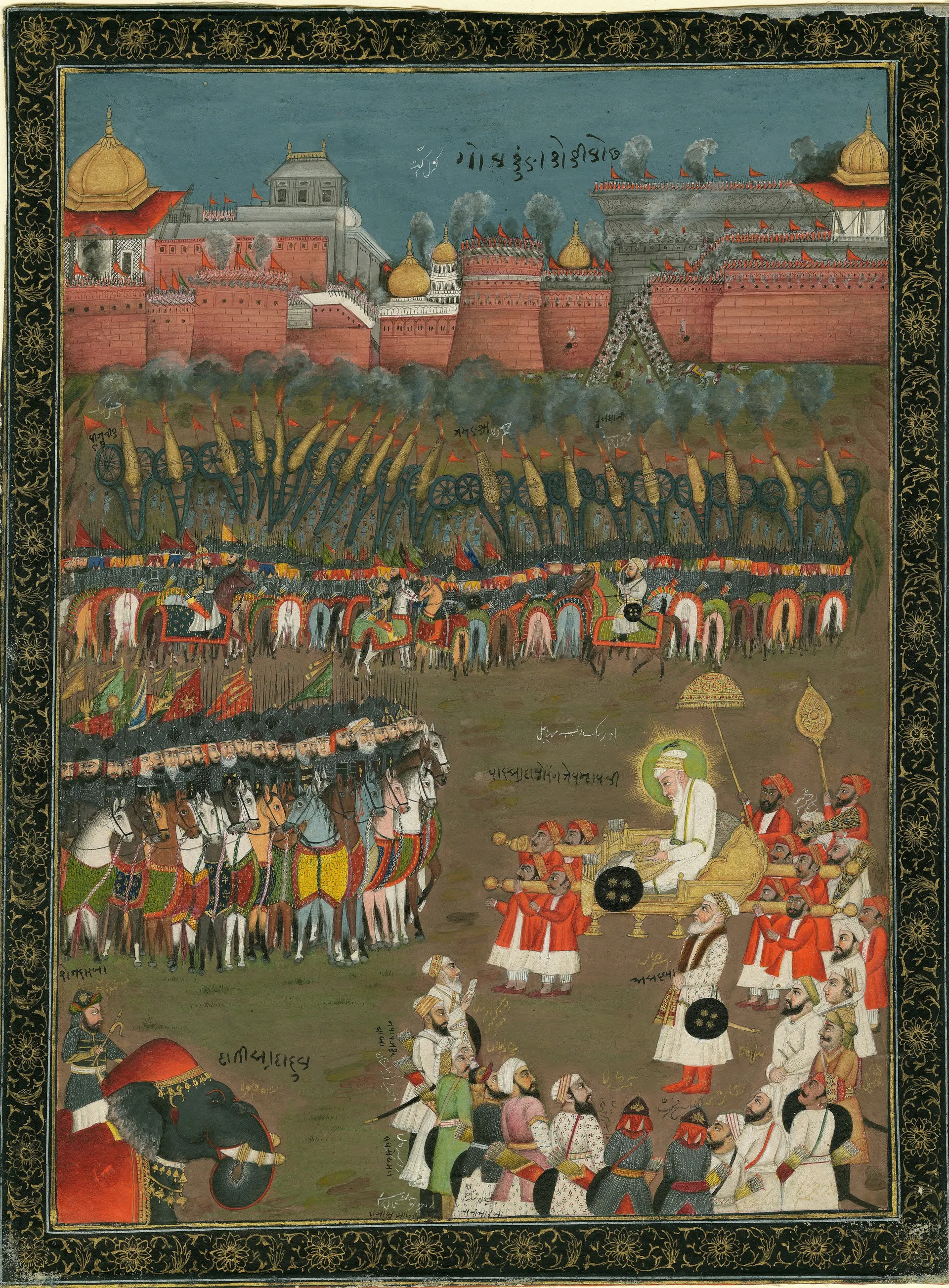 Indian painting: an old bearded emperor with a halo, carried in a litter among attendants, watches cavalry, elephants and gunners attack a walled red fort with domed buildings in the background.