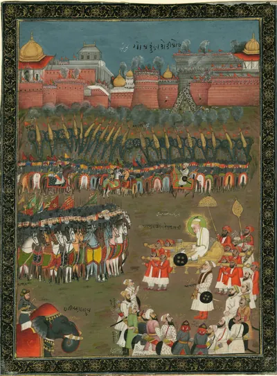 Indian painting: an old bearded emperor with a halo, carried in a litter among attendants, watches cavalry, elephants and gunners attack a walled red fort with domed buildings in the background.