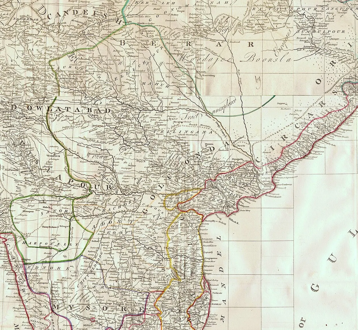 Detail of an engraved 18th-century map of the Deccan with hand-coloured boundary lines, showing the regions Golconda, Telingana, Visiapour and the Circars along the Bay of Bengal coast.