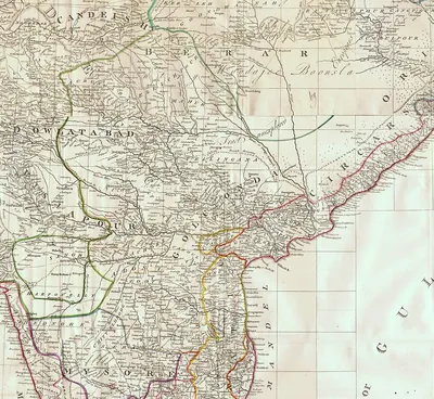 Detail of an engraved 18th-century map of the Deccan with hand-coloured boundary lines, showing the regions Golconda, Telingana, Visiapour and the Circars along the Bay of Bengal coast.