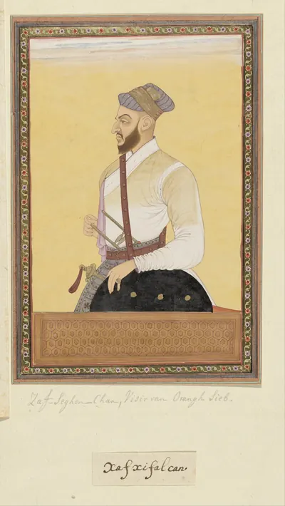 Deccani painting of a bearded man in a white robe and patterned turban, holding a shield, standing in profile with a halo against a yellow ground; handwritten notes below.