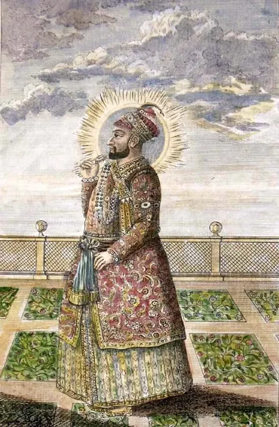 Coloured engraving of a man in a long patterned robe and turban with a halo, standing on a terrace with a balustrade and formal garden beds.