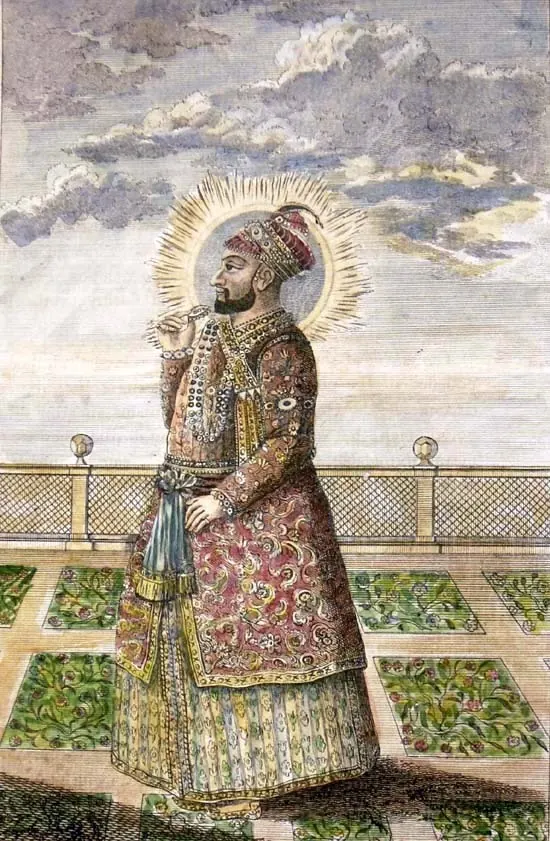 Coloured engraving of a man in a long patterned robe and turban with a halo, standing on a terrace with a balustrade and formal garden beds.