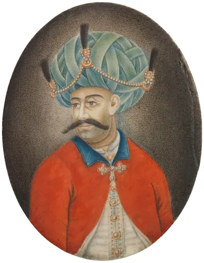 Painted oval portrait of a moustached man in a large blue-green round turban with plumes and a red tunic with a blue collar.