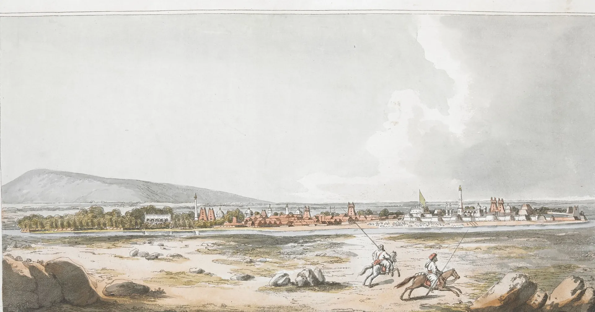 Hand-coloured etching of a walled island town with towers seen across a sandy river bank, with horsemen in the foreground and hills behind.