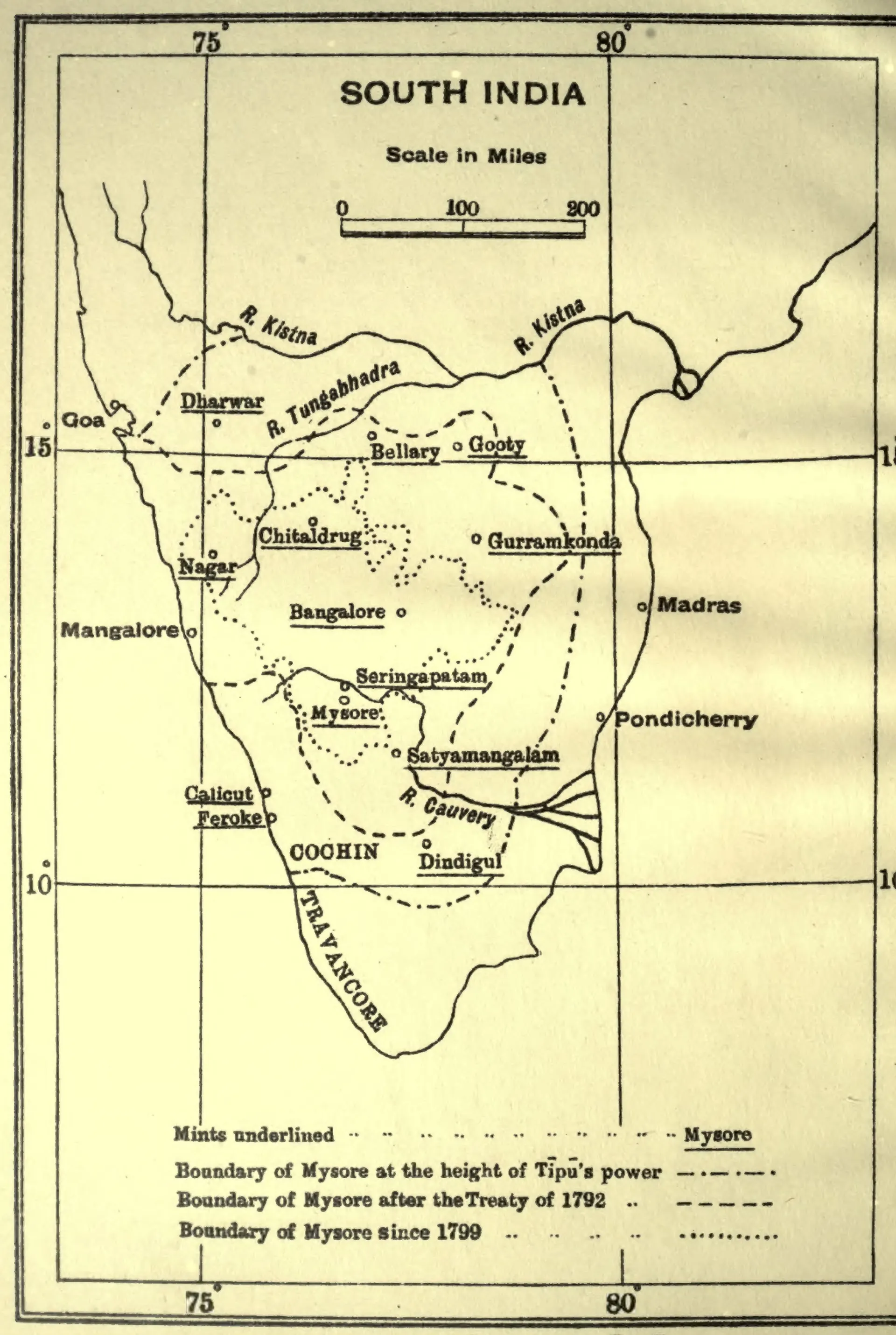 Black-and-white line map of South India marking mint towns such as Gooty, Bellary, Gurramkonda and Seringapatam, with dashed and dotted boundary lines.