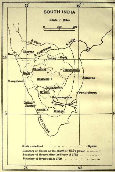 Black-and-white line map of South India marking mint towns such as Gooty, Bellary, Gurramkonda and Seringapatam, with dashed and dotted boundary lines.