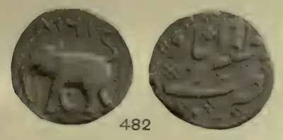 Photograph of the two sides of a copper coin, an elephant on one side and a Persian inscription on the other, with the number 482.