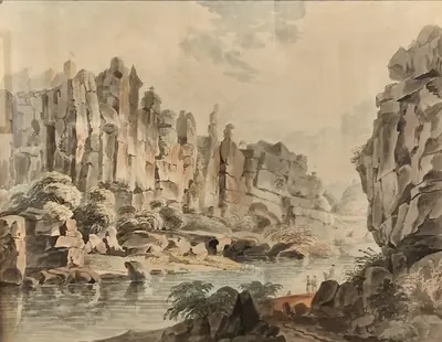 Watercolour of a river in a deep gorge between tall, layered cliffs, with trees and rocks on the near bank and small figures by the water.