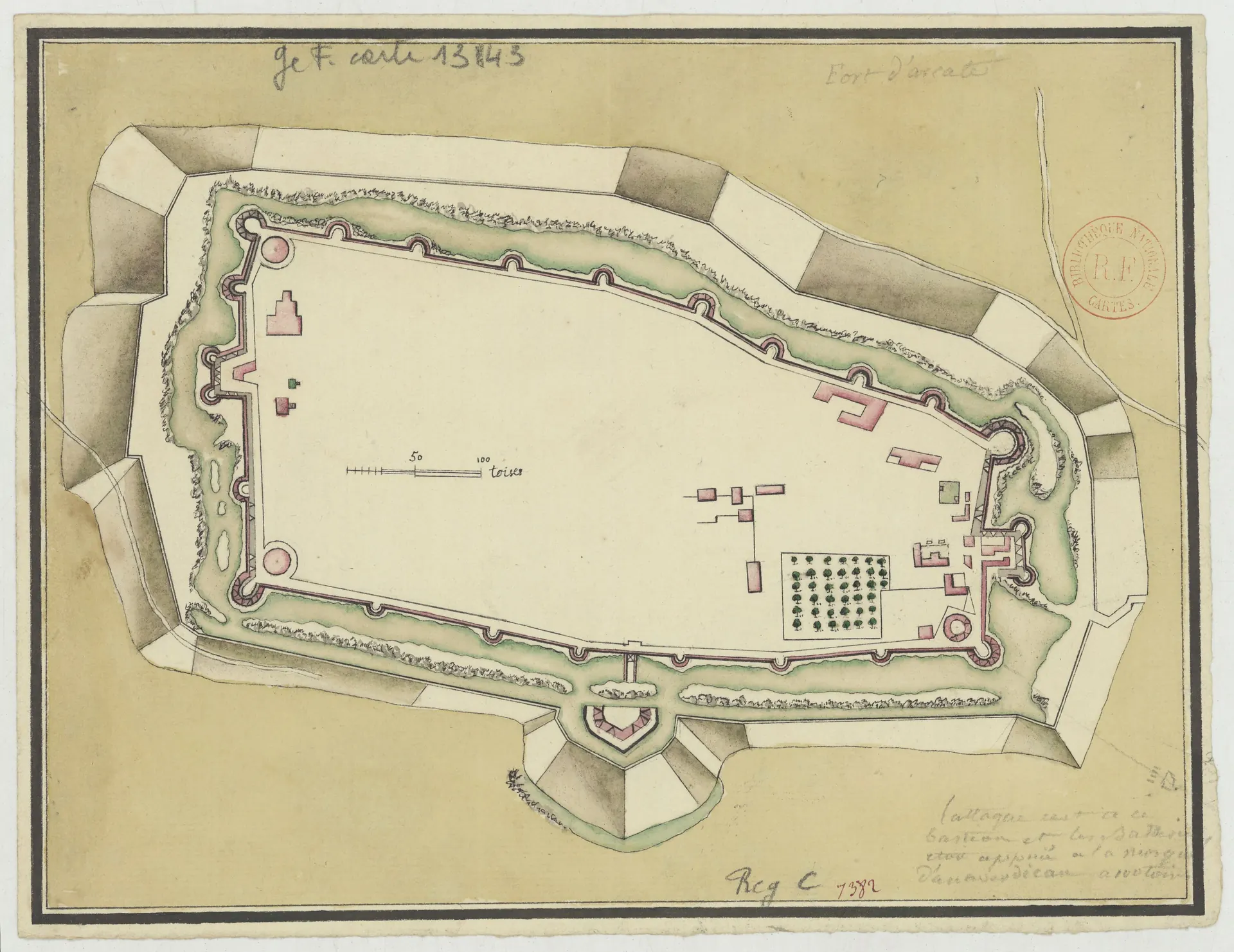 Hand-coloured plan of a long rectangular fort with round bastions, a moat and an outer earthwork, a few buildings and a grid of squares inside, with French notes in the margins.