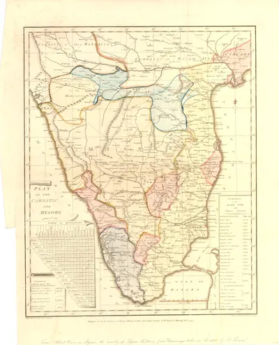 Hand-coloured engraved map of the south Indian peninsula from the Krishna to Cape Comorin, with territories outlined in different colours and a long table of names on the right.