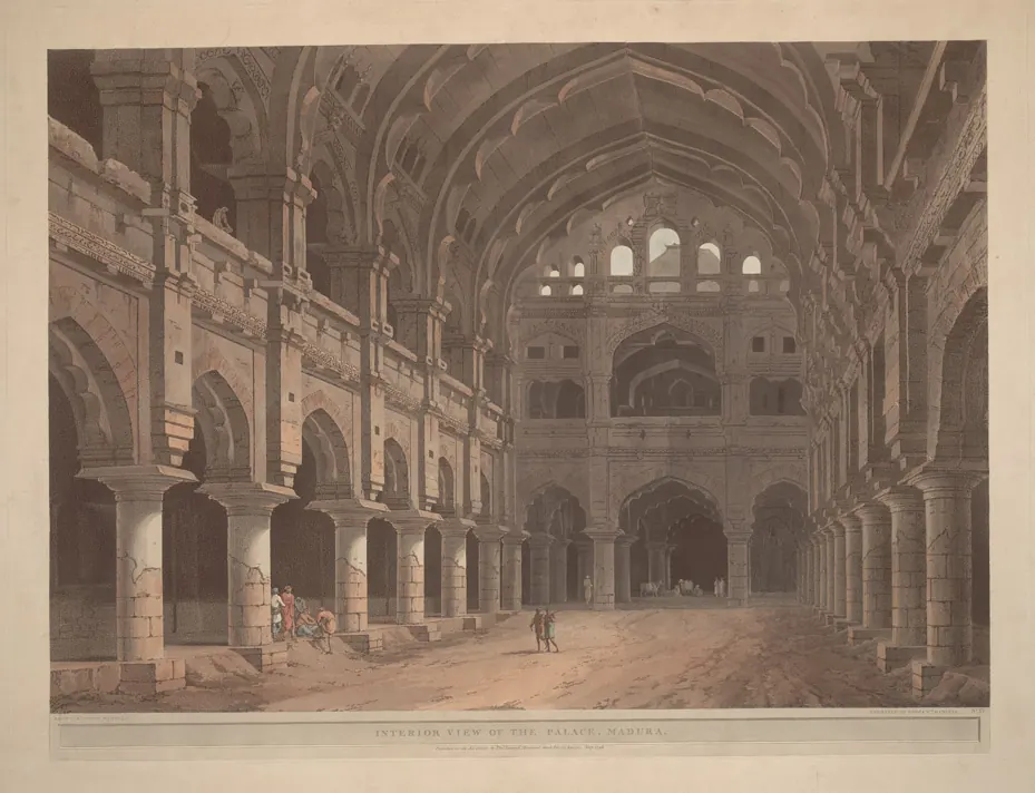 A coloured print of a vast empty hall with a high ribbed roof, rows of round pillars and arched galleries on two floors; a few small people stand on the dusty floor.