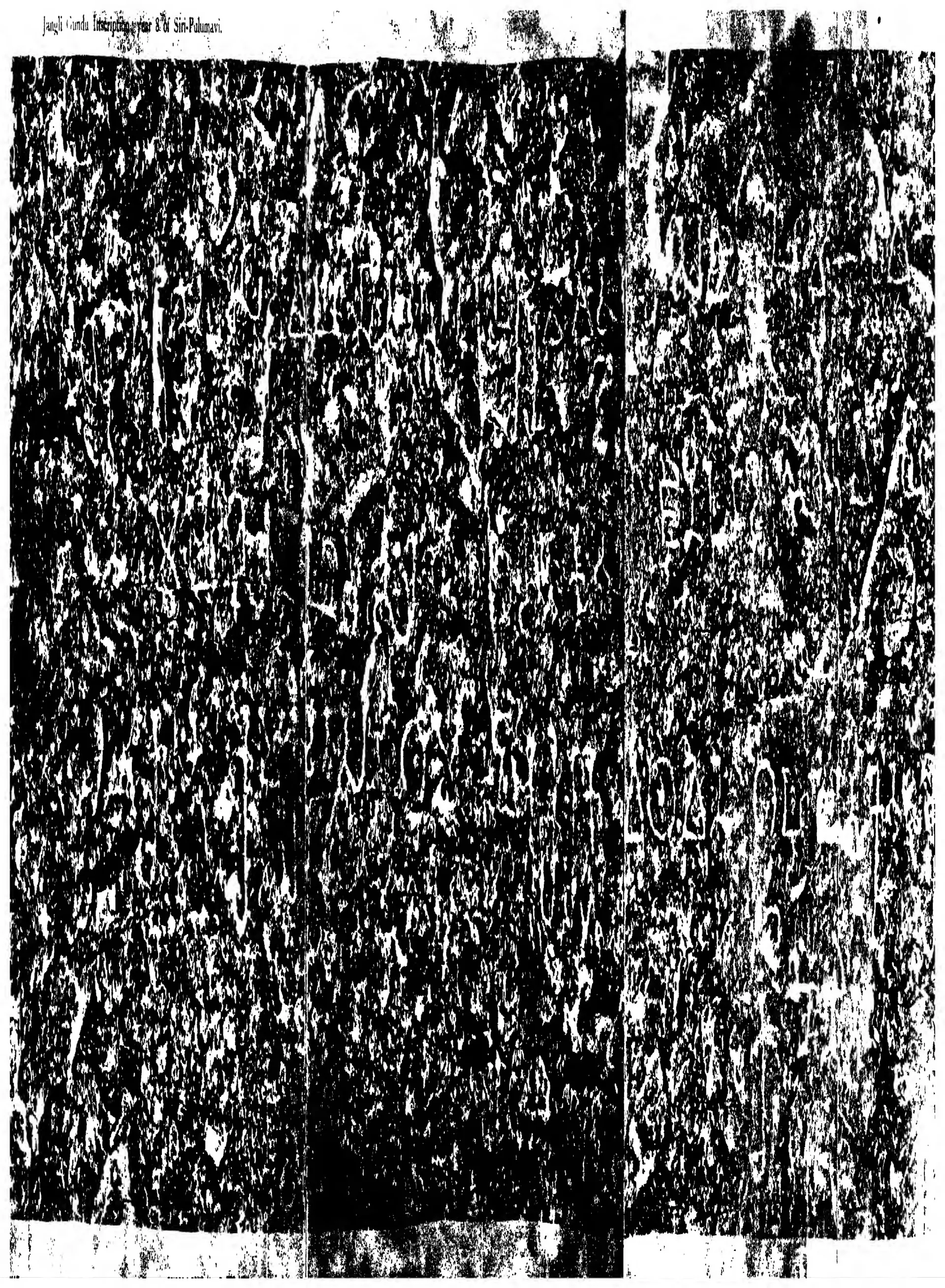 A dark, speckled ink impression of a rough rock surface filling the page, with a few large white letters in rows and a printed title along the top.