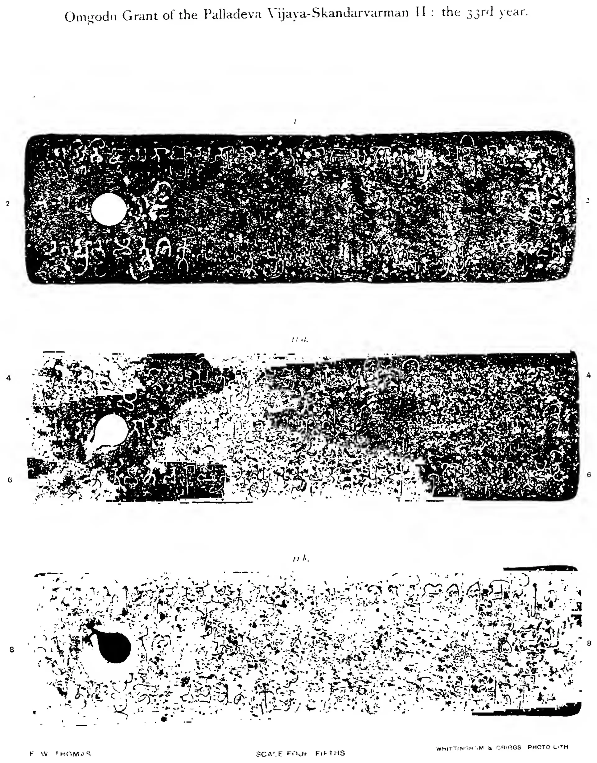 Printed page with three long copper plates shown as dark ink impressions with white letters in rows, each with a round ring hole on the left, and line numbers in the margins.
