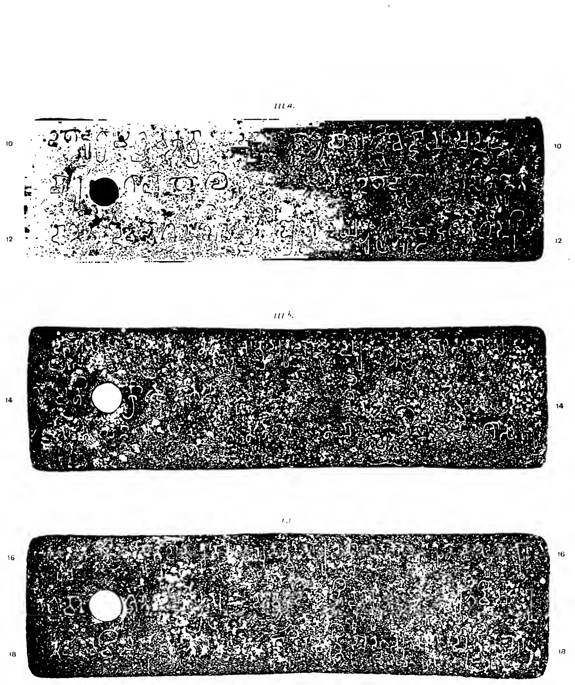Printed page with three long copper plates shown as dark ink impressions with white letters, each with a ring hole, numbered in the margins.