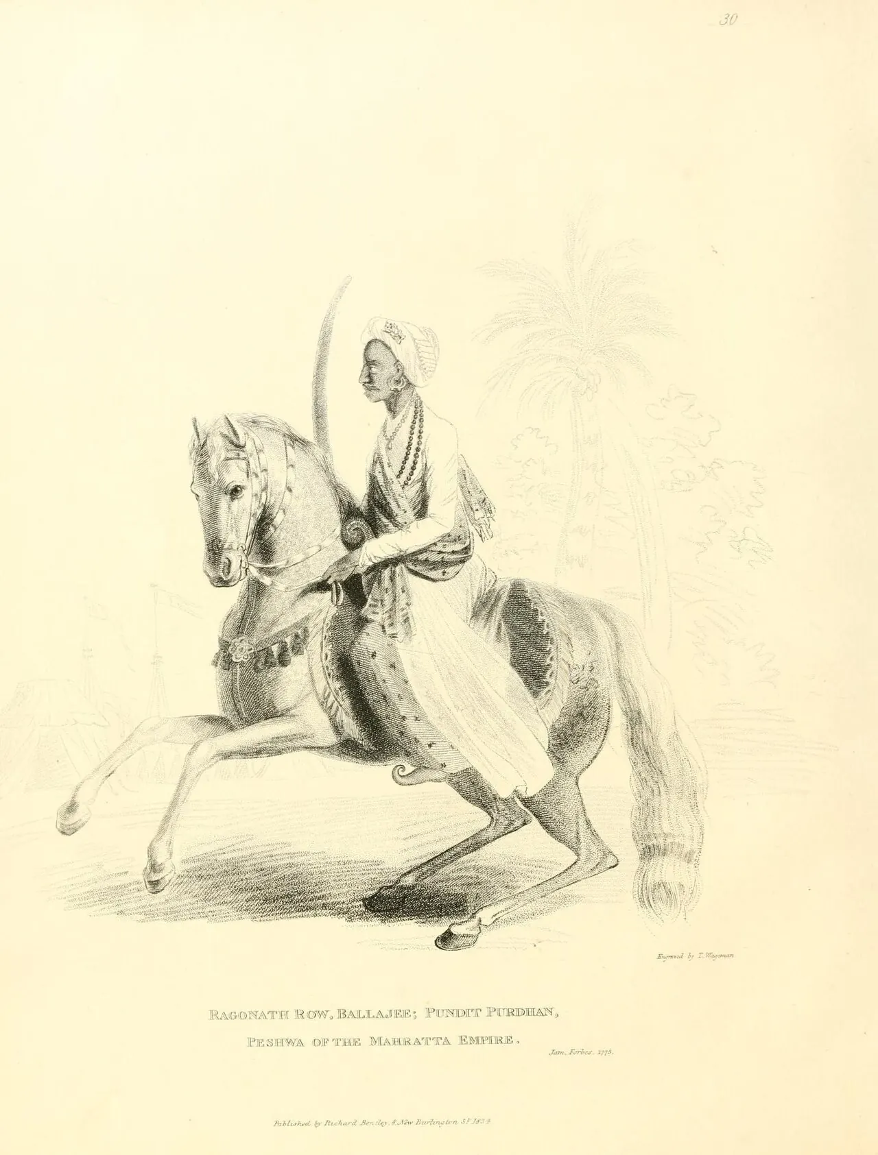 An old engraving of a man in a turban and long robe riding a prancing white horse, on a plain background, with a printed English caption below.