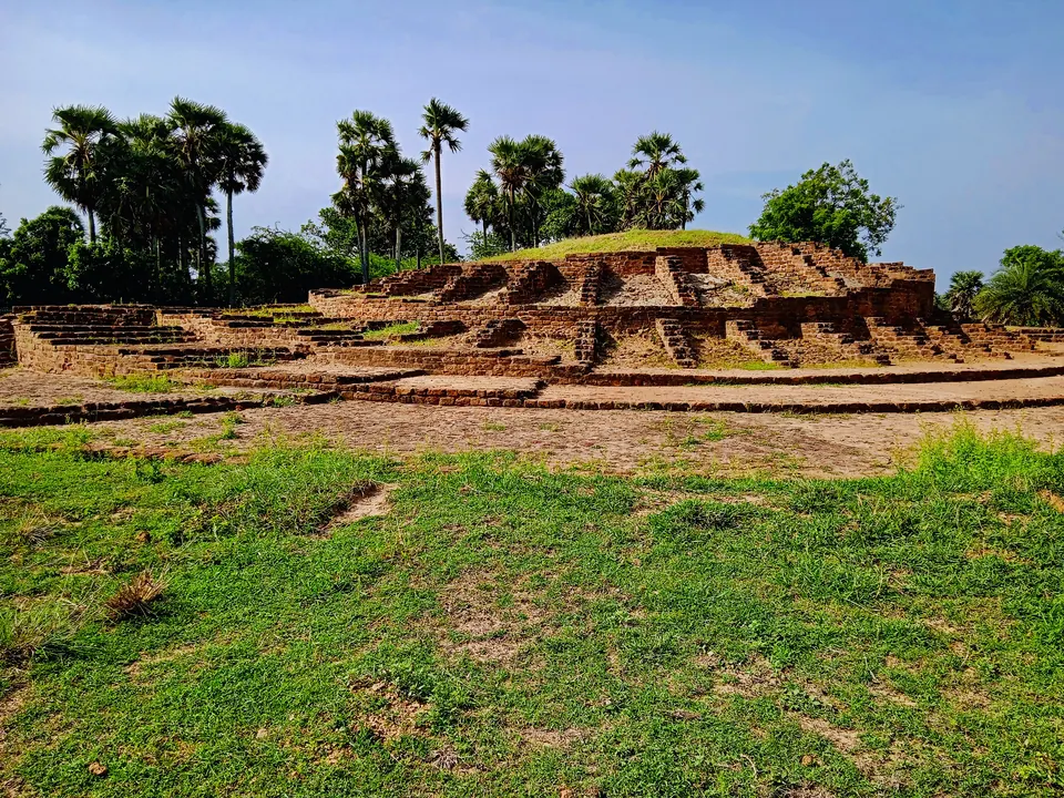 Low excavated brick walls and steps of a round stupa base on a grassy mound, with palm trees and a blue sky behind.