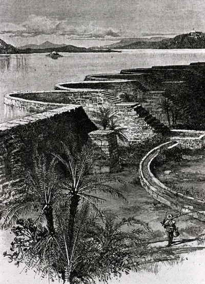 Old black-and-white engraving of a lake held back by a row of curved stone walls, with palm trees and a man walking on the dam in front and hills across the water.