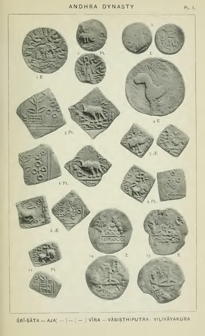 Photographic plate of about thirty old coins, round and square, showing an elephant, a horse, a tree, a stupa and other symbols, with a printed caption below.