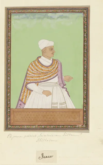 A small Indian miniature painting of a man shown to the waist, turned to the right, in a white turban and robe with an orange striped shawl, one hand raised, on a pale green background inside a decorated border.