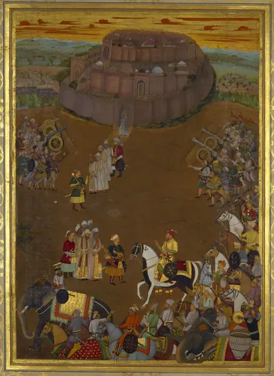 A colourful Mughal miniature painting of a round fort on a hill at the top, with rows of horsemen, elephants and soldiers gathered below it.
