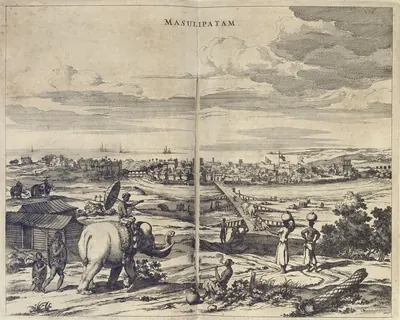 Old engraving of a flat coastal town with ships at sea behind it, seen across open ground with a man riding an elephant under an umbrella, a hut and people carrying pots in front.