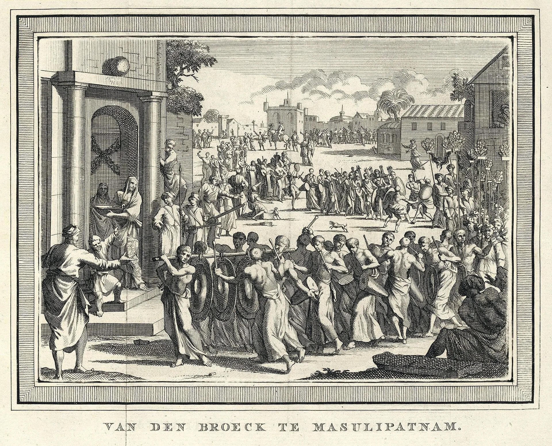 Old framed engraving of a crowd in a town square, with a man at a doorway on the left, people in long robes and turbans, and buildings with a flag behind.