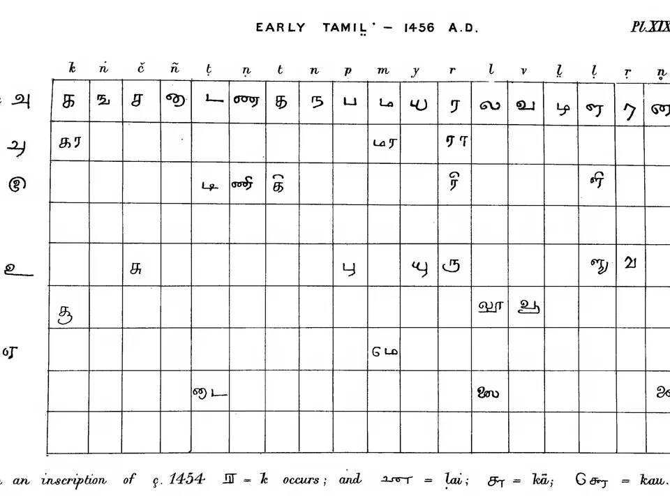 Ruled table of Tamil letters of 1456 with eighteen consonant columns; the forms are close to modern Tamil print.