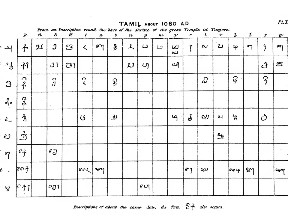 Ruled table of Tamil letters of about 1080 with eighteen consonant columns (k, n, c, n, t, n, t, n, p, m, y, r, l, v and four Tamil-only letters) and rows for the vowel signs.