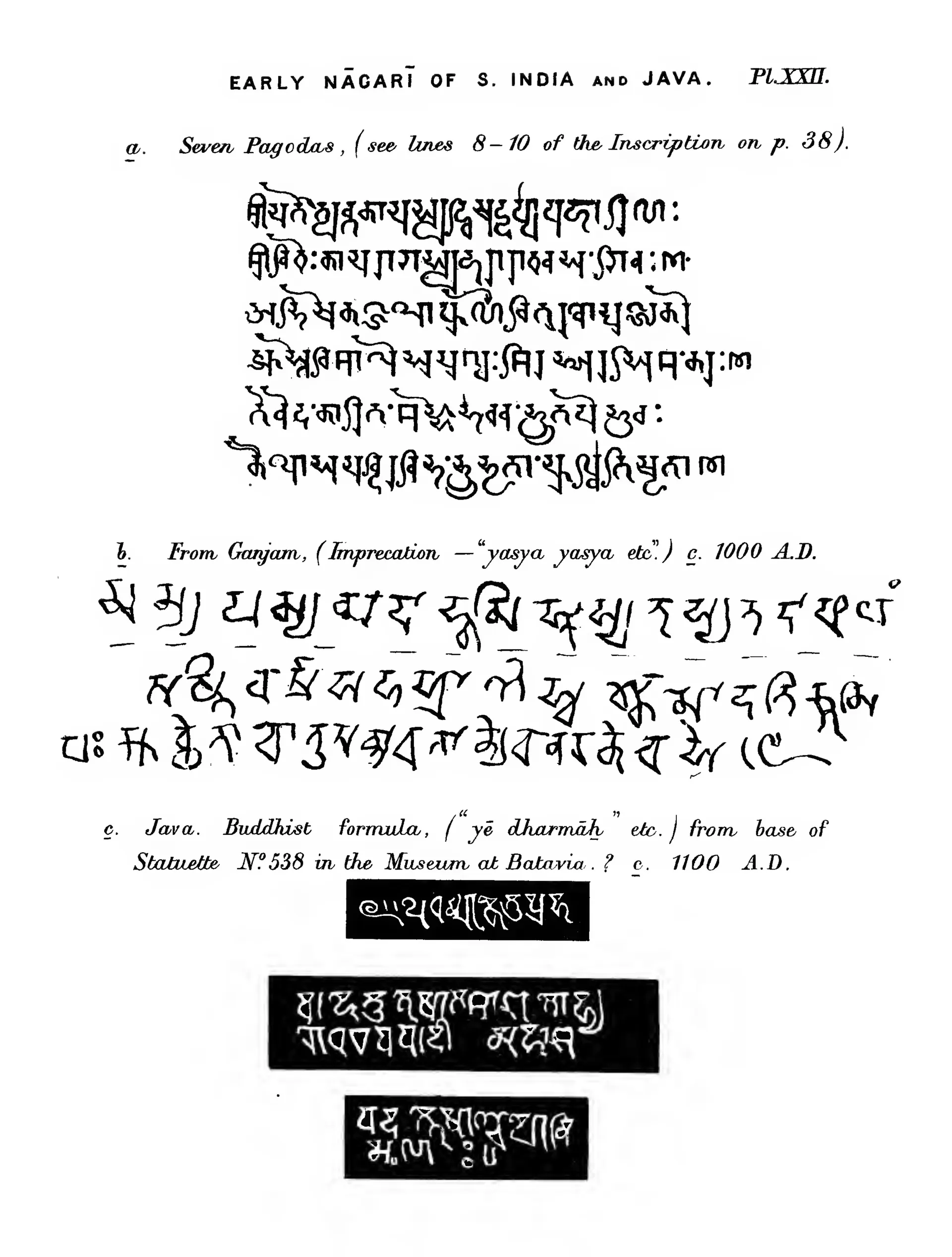 Printed table from Burnell's Elements of South-Indian Palaeography (Pl. XXII): specimens of early Nagari writing: (a) from the Seven Pagodas, (b) from Ganjam, about 1000 CE, (c) a Buddhist formula from Java.