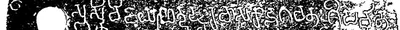 Detail of an ink impression of a copper plate: one line of white letters beside the round ring-hole.