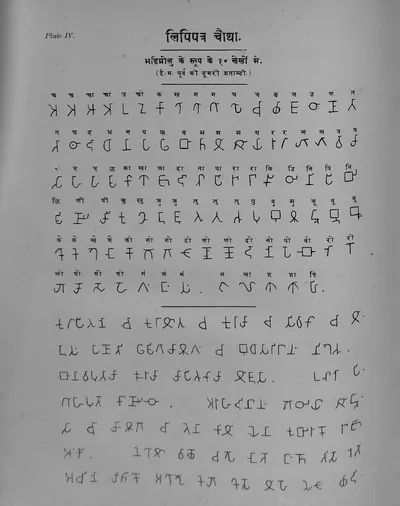 Printed table in Ojha's Bharatiya Prachin Lipimala (Plate 4): letters of the Bhattiprolu casket inscriptions, with their Devanagari equivalents above.