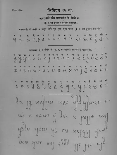 Printed table in Ojha's Bharatiya Prachin Lipimala (Plate 12): ornamental Brahmi letters with long tails from Amaravati and Jaggayyapeta.